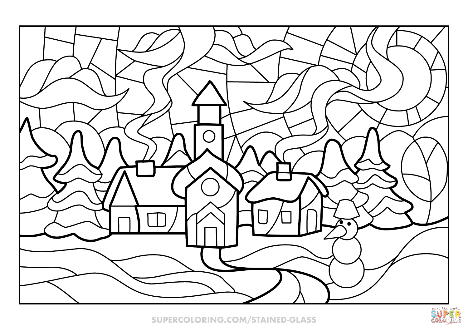 Winter town stained glass coloring page free printable coloring pages