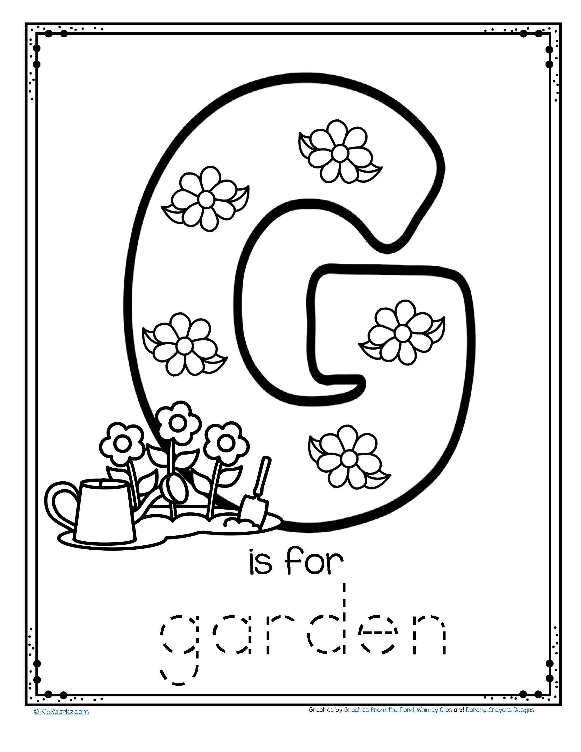 Free g is for garden trace and color fine motor printable alphabet preschoolalphabet printables preschool letters alphabet preschool letter g worksheets