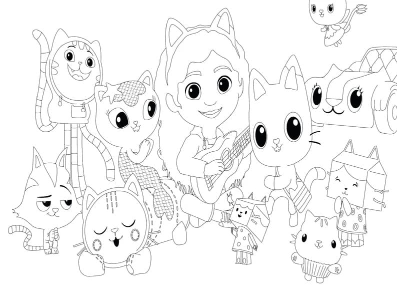 Characters from gabbys dollhouse coloring page