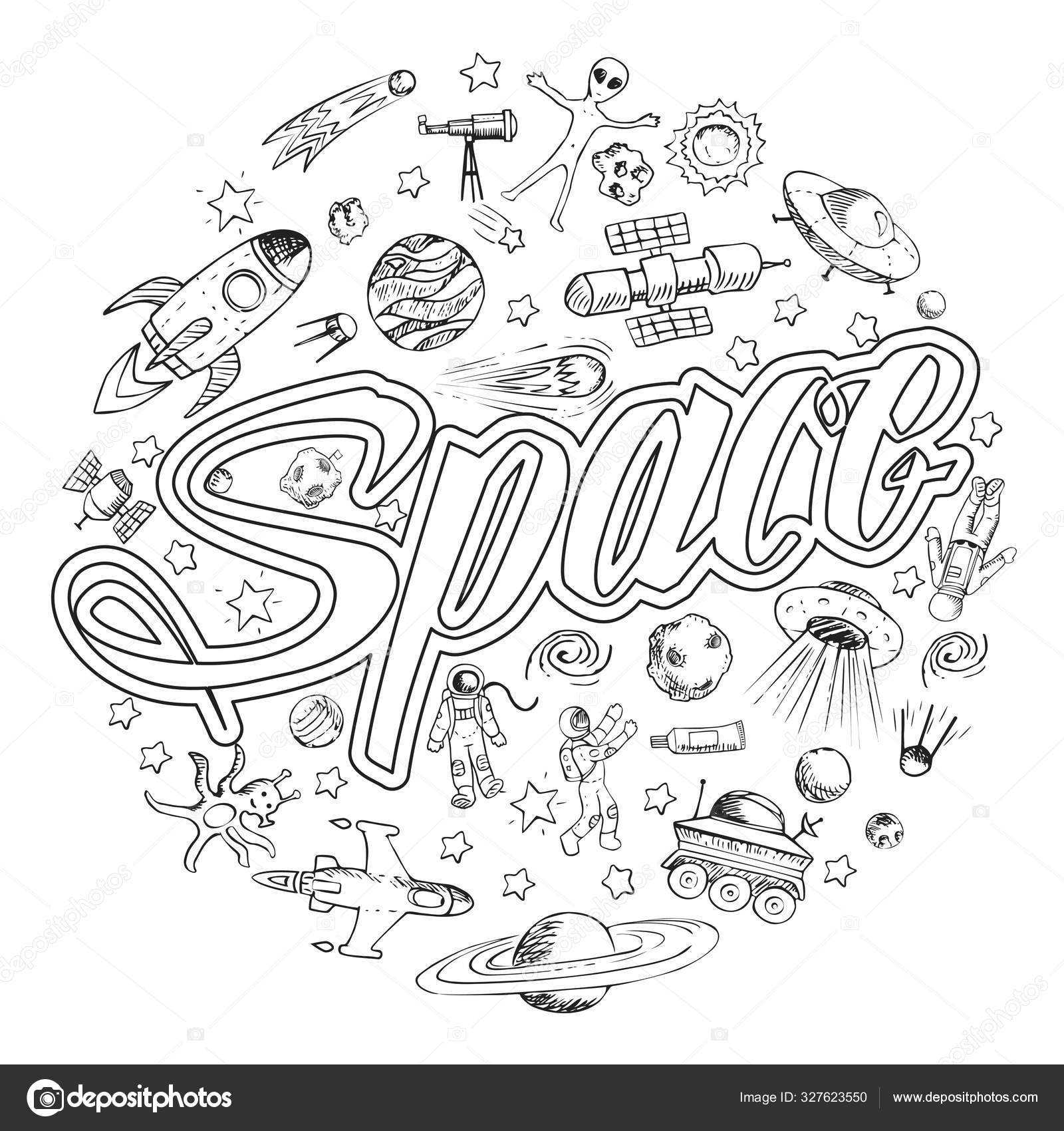 Vector doodle space objects astronaut alien galaxy space ship spaceman coloring page stock vector by ninchik