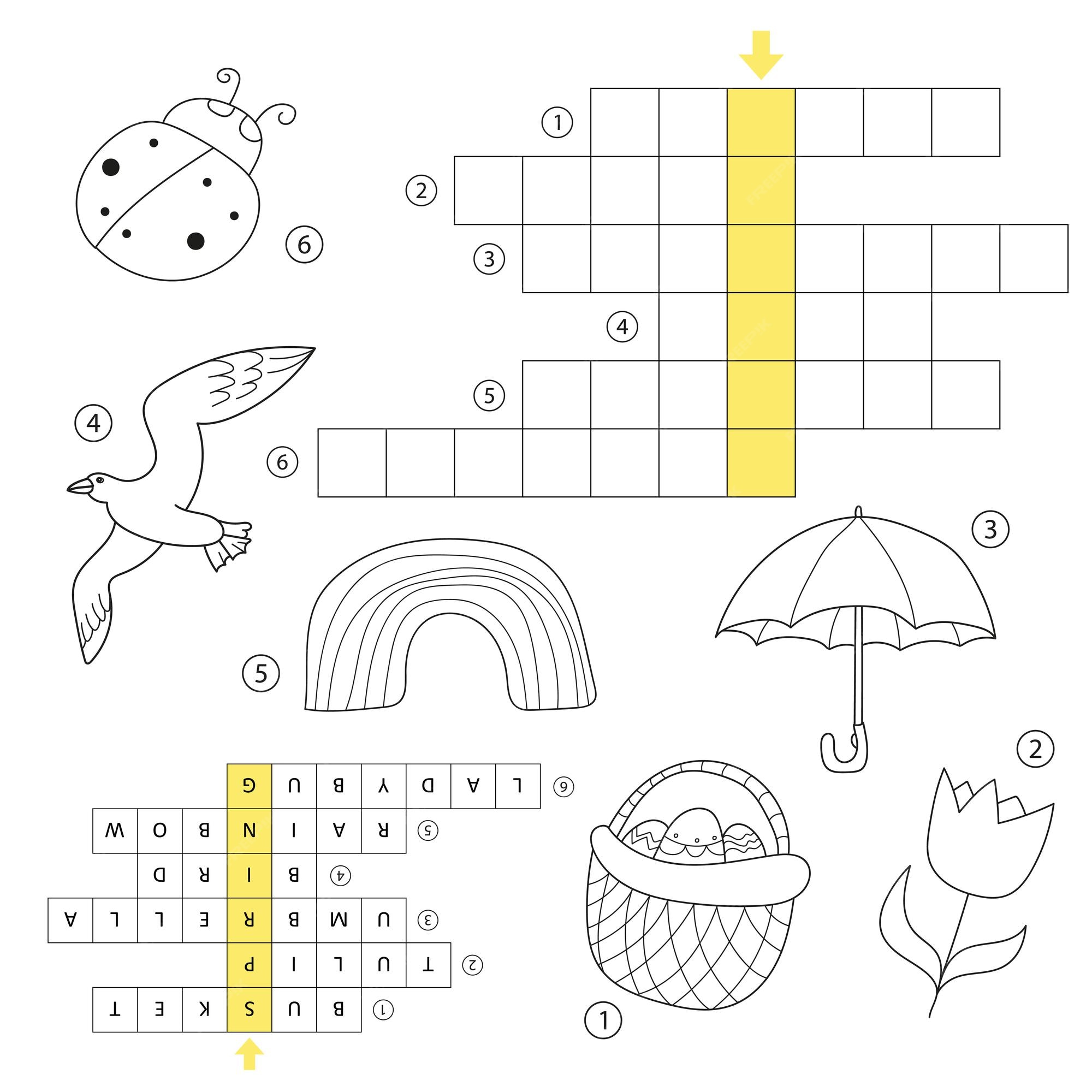 Premium vector crossword educational children game with answer learning spring theme puzzle coloring book for children of preschool and school age with the answer