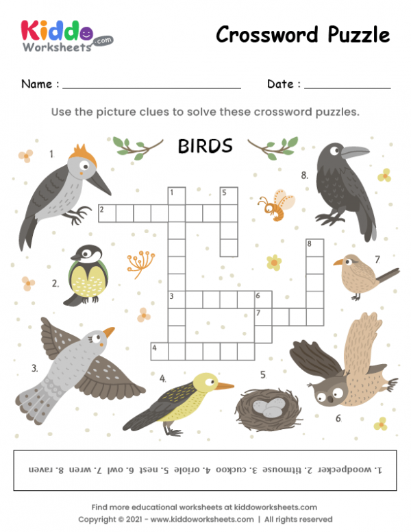 Free printable crossword puzzle birds worksheet