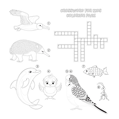 Vector crossword coloring book page education game for children about animals kids magazine coloring book word puzzle game worksheet for kids printable version stock illustration