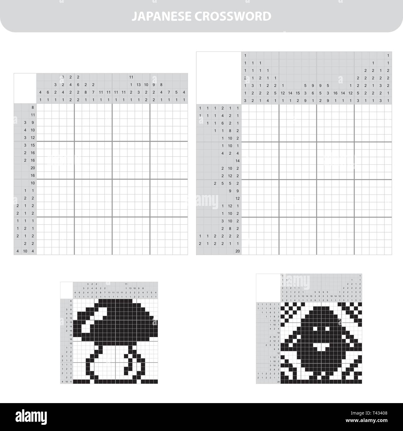 Education puzzle game for school children mushroom and bird black and white japanese crossword with answer nonogram coloring book for kids stock vector image art