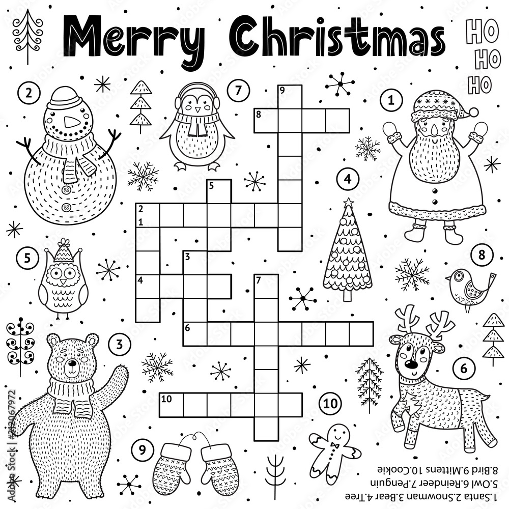 Vecteur merry christmas crossword game for kids black and white educational activity page for coloring