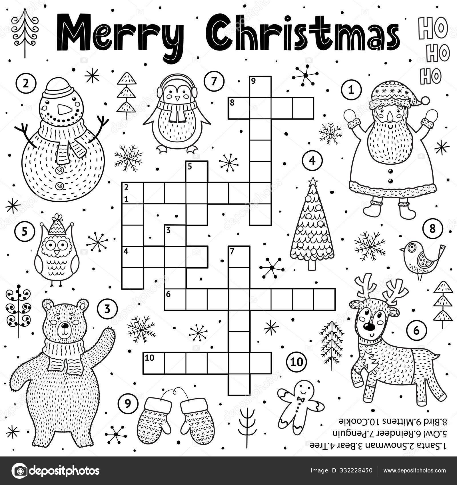 Merry christmas crossword game for kids black and white educational activity page for coloring stock vector by juliyas