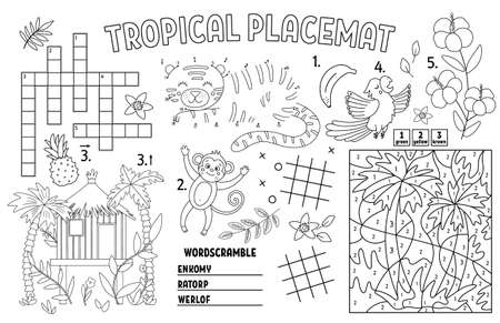 Vector tropical place mat for kids exotic summer printable activity mat with crossword dot