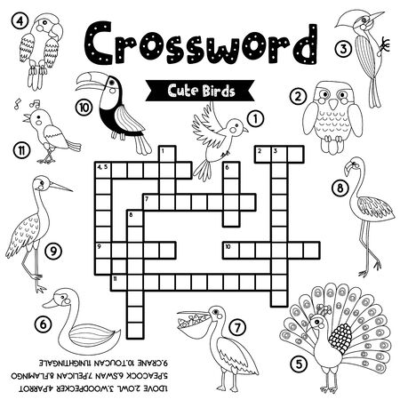 Crosswords puzzle game of cute birds animals for preschool kids activity worksheet coloring printable version vector illustration