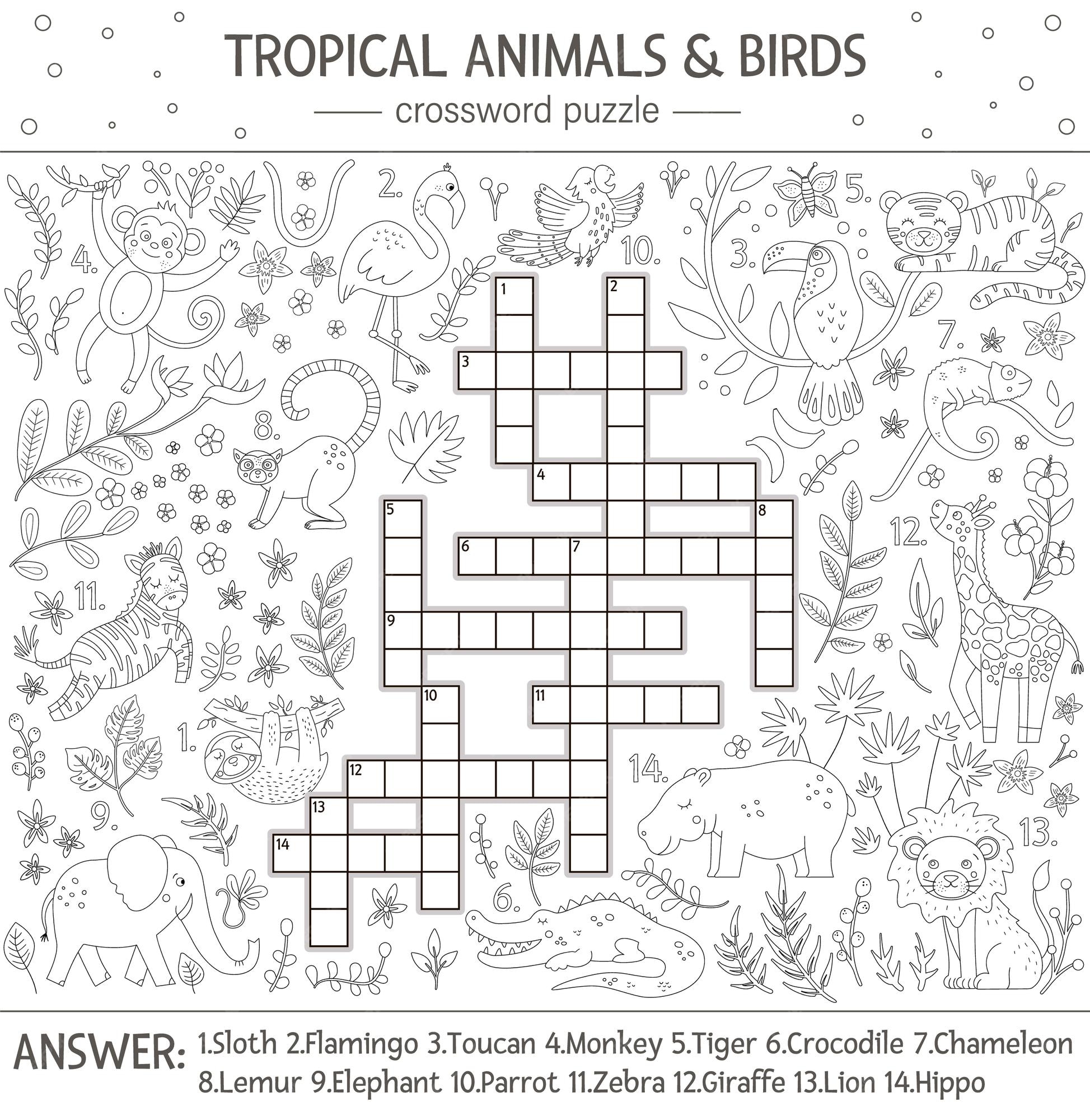 Premium vector summer crossword puzzle quiz with tropical animals and birds for children educational black and white jungle activity with cute funny characters fun coloring page for kids