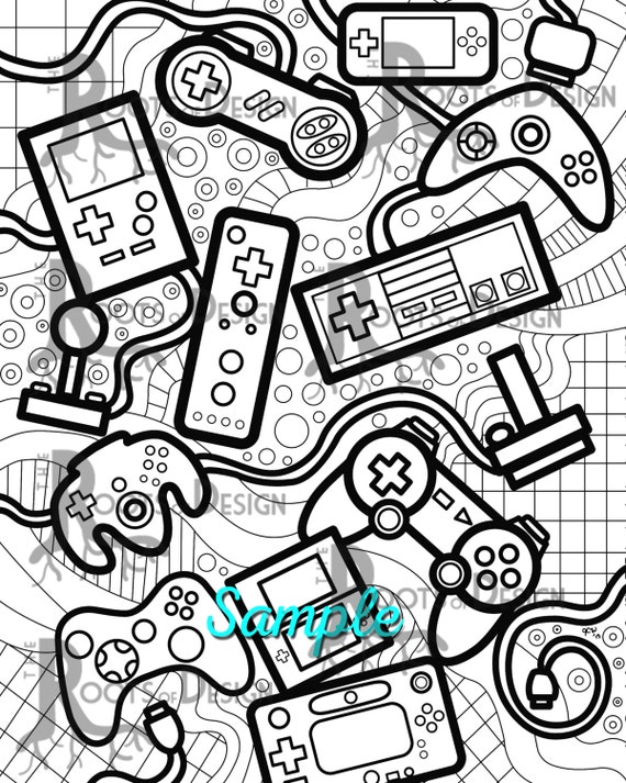 Instant download coloring page video game controllers zentangle inspired doodle art gamer printable