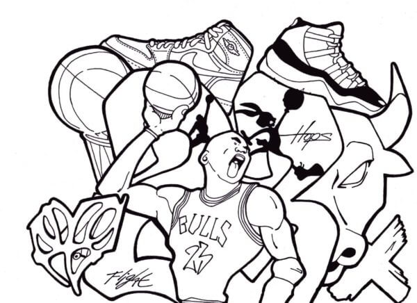 Street art with a basketball player coloring page