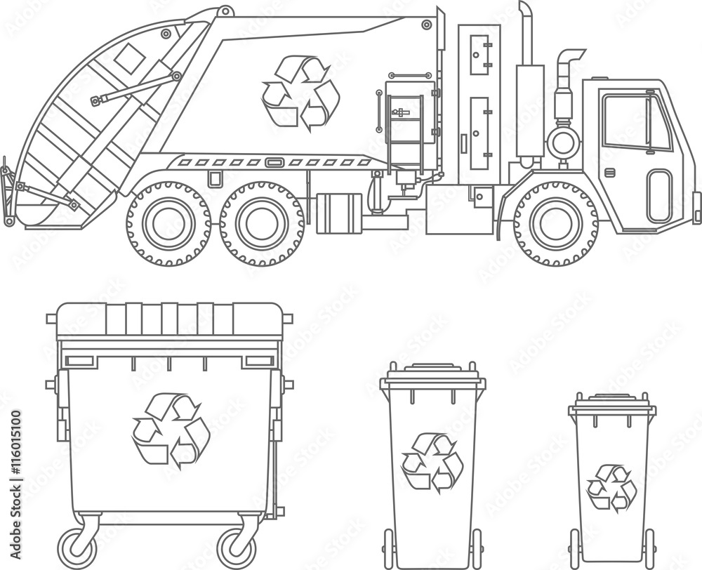 Coloring pages set of garbage truck and different types of dumpsters flat linear vector icons isolated on white background vector illustration vector