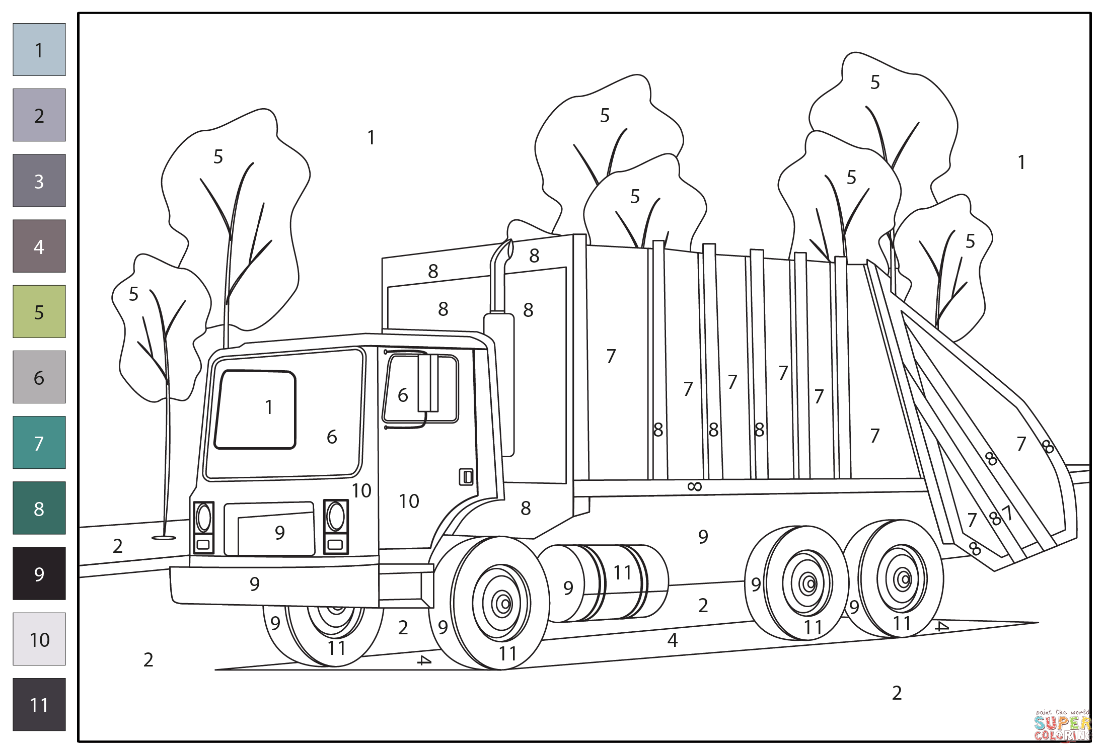 Garbage truck color by number coloring page free printable coloring pages