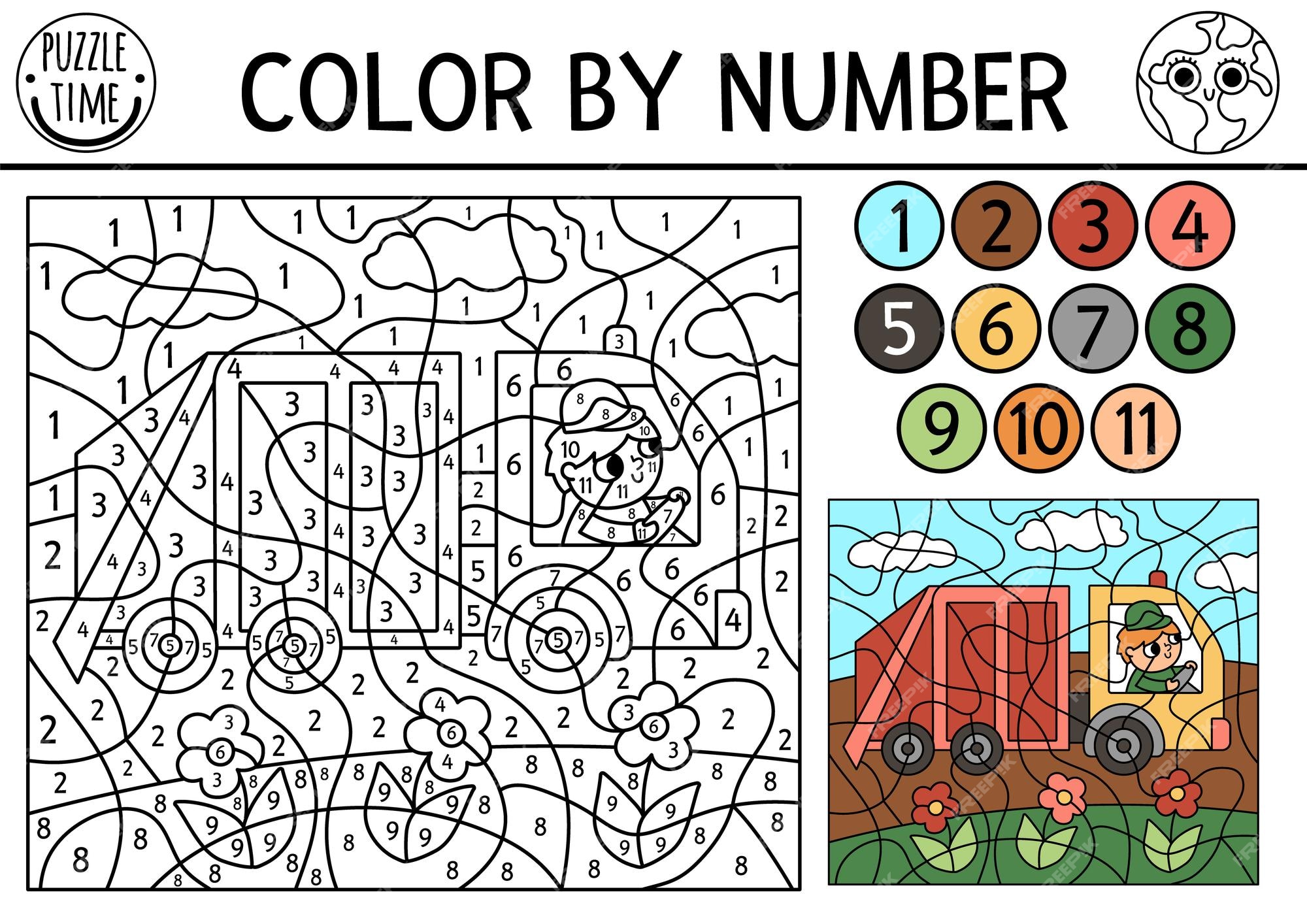 Premium vector vector ecological color by number activity with garbage truck eco awareness scene black and white counting game with zero waste concept earth day coloring page for kids