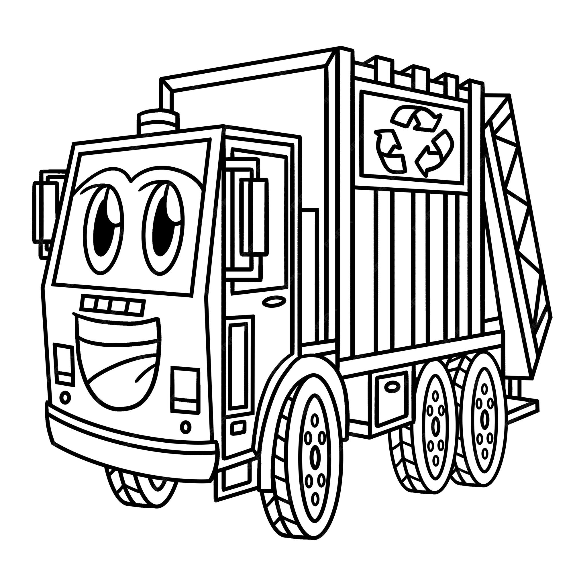 Premium vector garbage truck with face vehicle coloring page