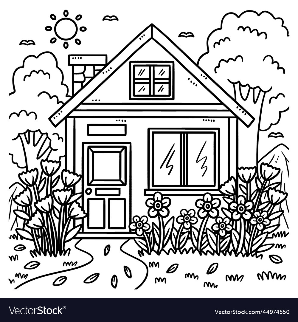 Spring house with garden coloring page for kids vector image