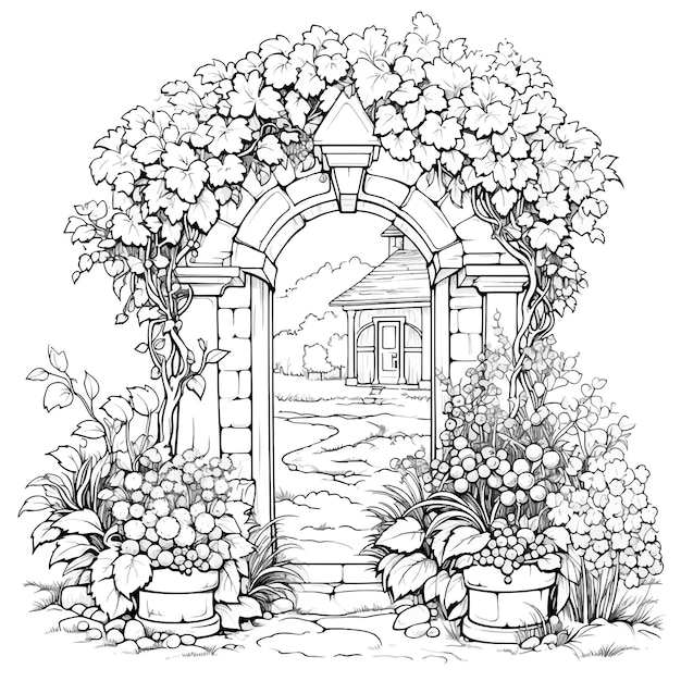 Premium vector romantic secret garden coloring pages coloring book for adults antistress colouring page with stone arches bench and plant in a pot freehand linear style vector in black and white