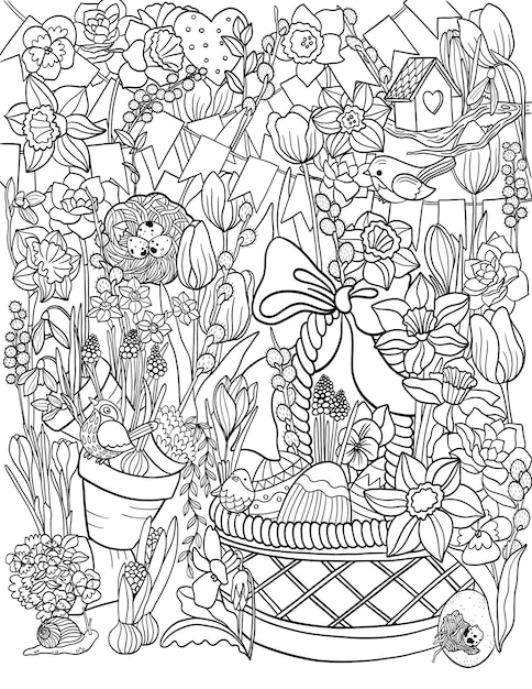 Premium vector a coloring page of a garden with flowers and a basket of eggs