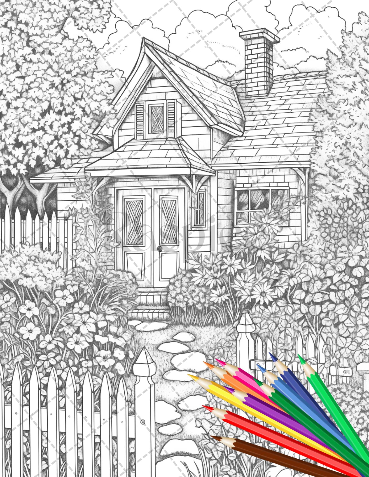 Printable cottage house garden coloring pages for adults grayscale â coloring