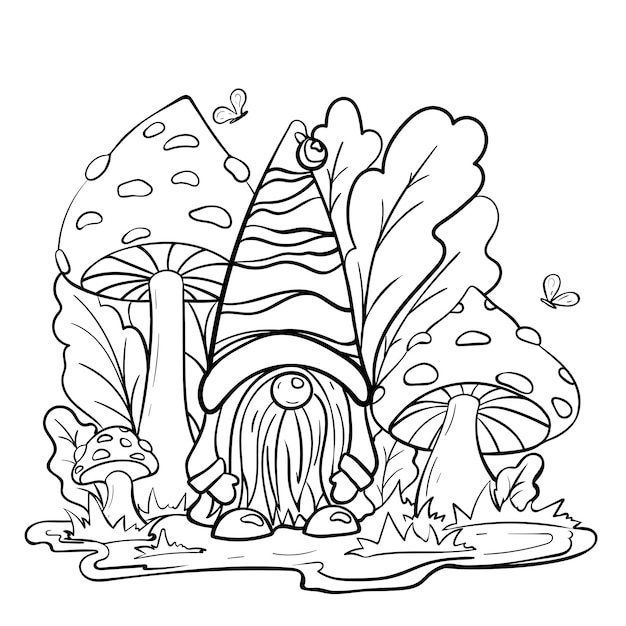 Premium vector garden gnome coloring page outline among amanita mushrooms wild herbs and butterflies above