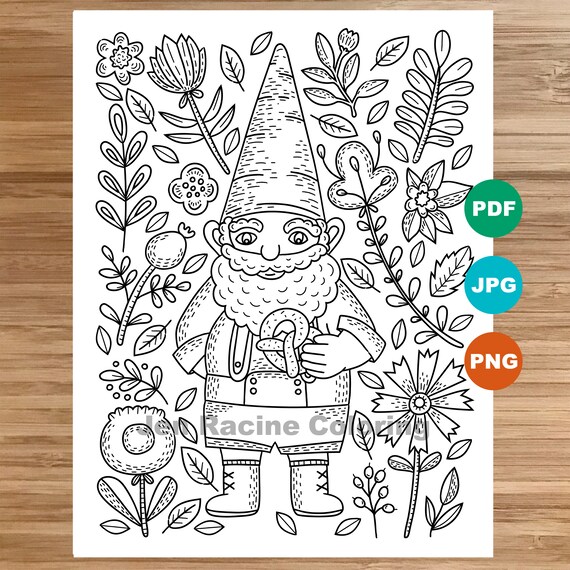 Bavarian gnome coloring page garden gnomes gardening coloring page printable coloring page for kids coloring page for adults