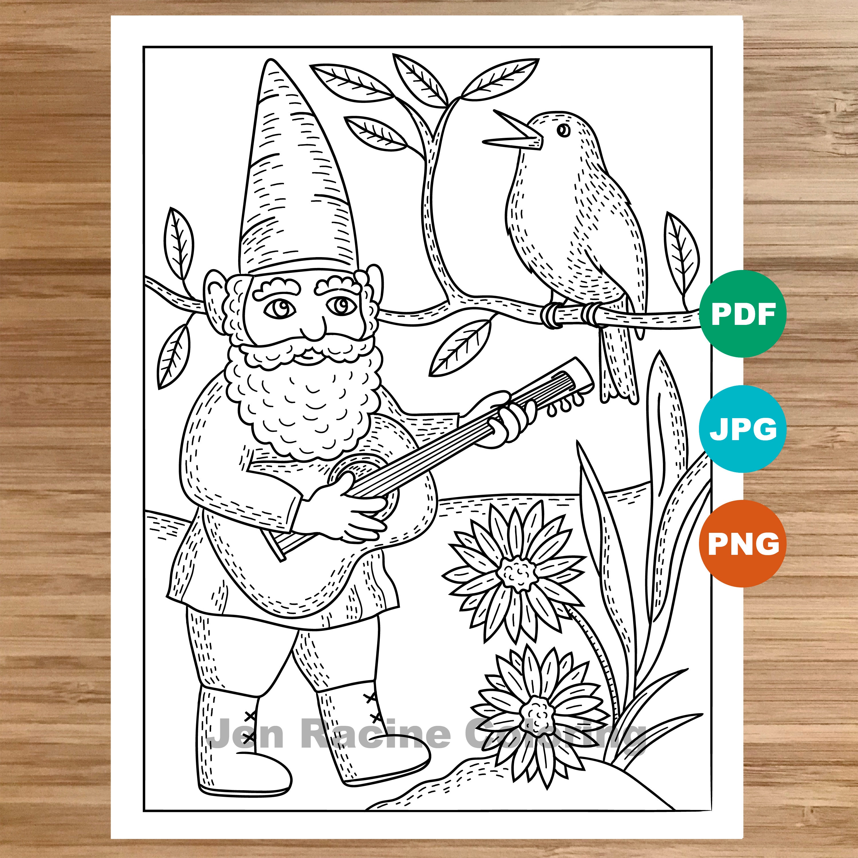 Musical gnome coloring page garden gnomes flowers bird coloring page printable coloring page for kids coloring page for adults