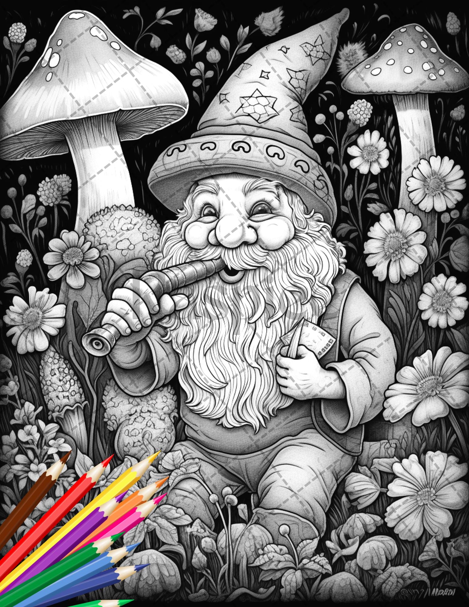 Enchanted gnome coloring pages printable for adults grayscale colo â coloring