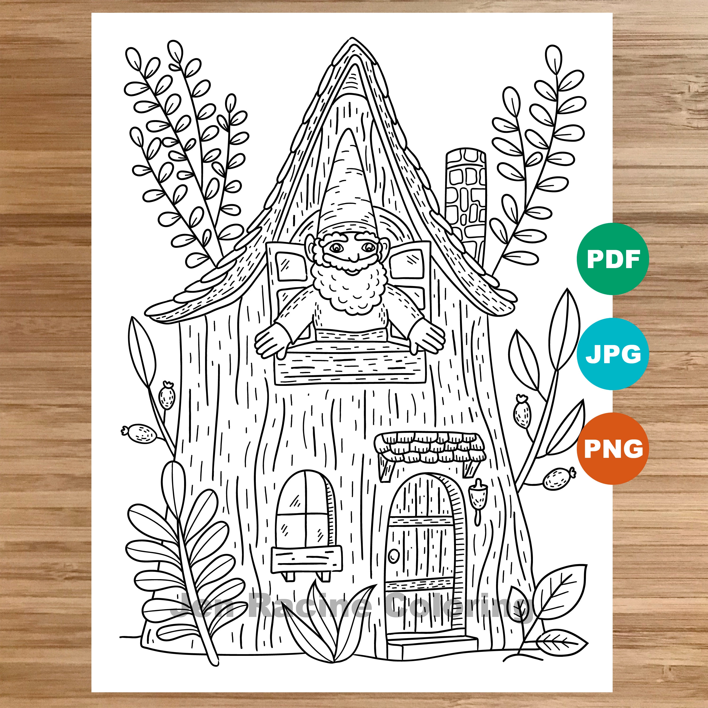 Gnome in his house coloring page garden gnomes gardening coloring page printable coloring page for kids coloring page for adults