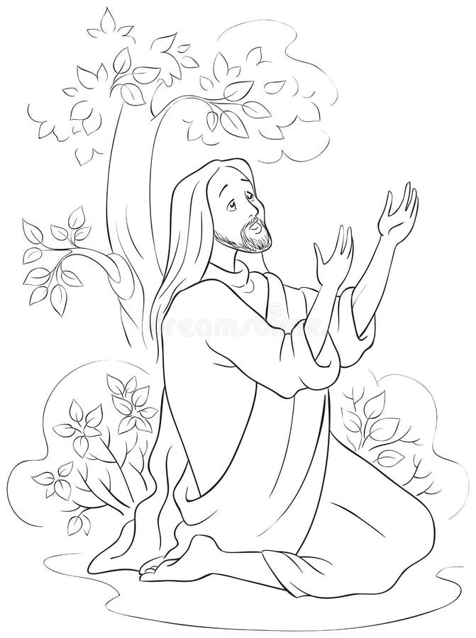 The prayer of jesus in the gethsemane garden coloring page stock vector