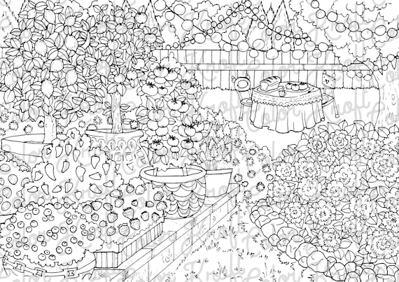 Country garden coloring page printable digital download coloring