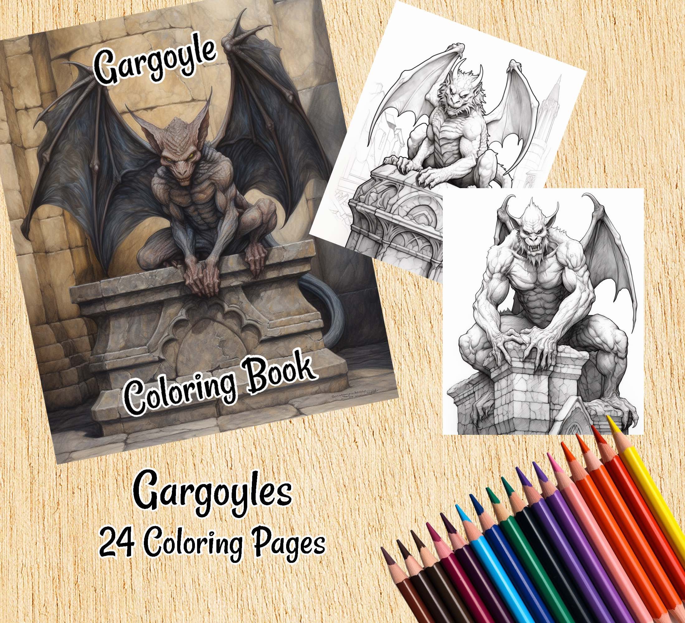 Gargoyle gothic coloring book page bundle designs adult child instant download grayscale dragon griffin medieval demon magical creature