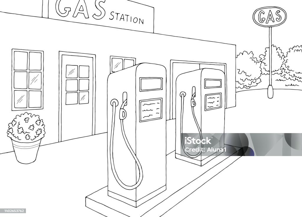Old gas station exterior graphic black white sketch illustration vector stock illustration