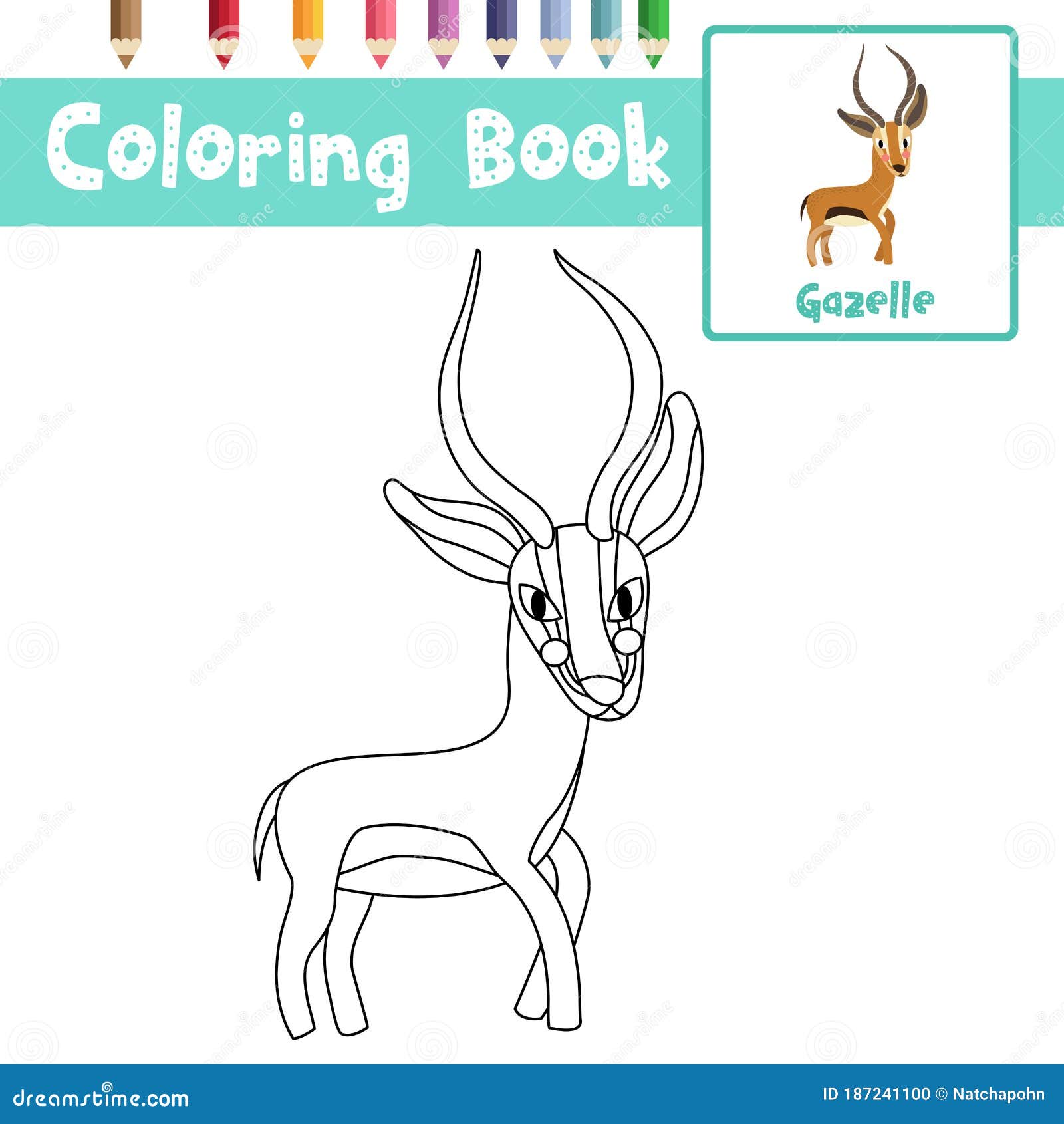 Coloring page gazelle animal cartoon character vector illustration stock vector