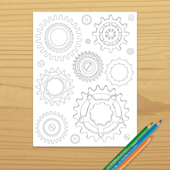 Printable gears coloring page steampunk digital download evisionarts