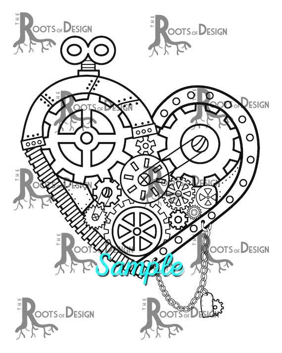 Instant download coloring page steampunk gear heart art print zentangle inspired doodle art printable