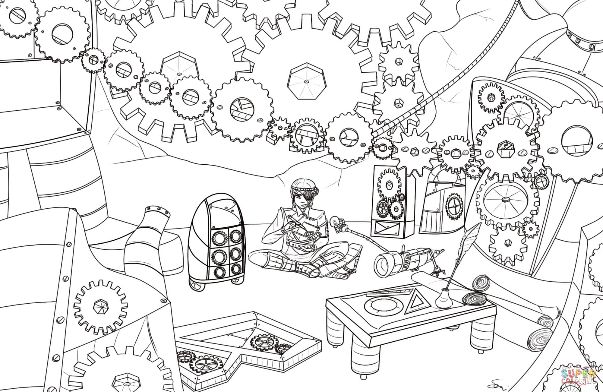 Steampunk gears coloring page free printable coloring pages