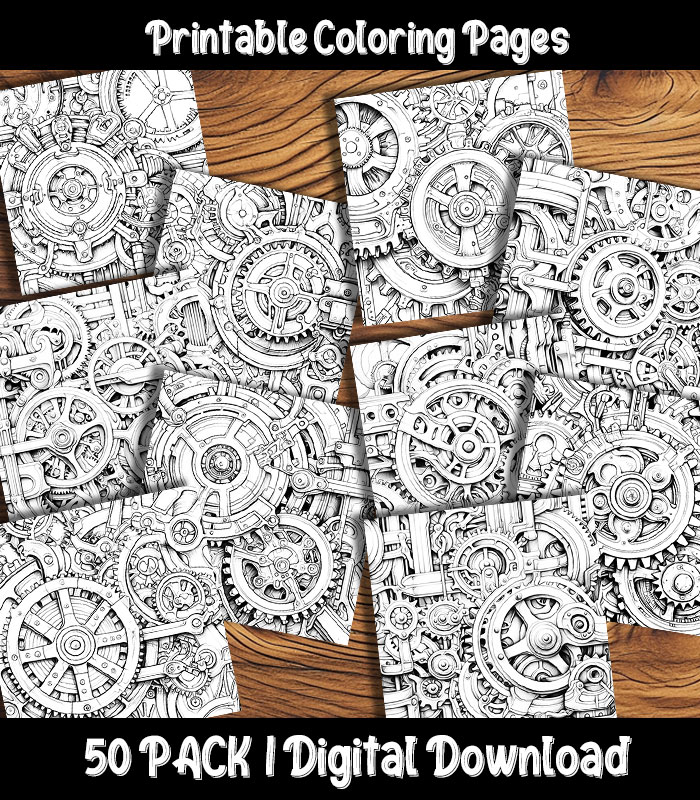 Steampunk gears coloring pages digital pack