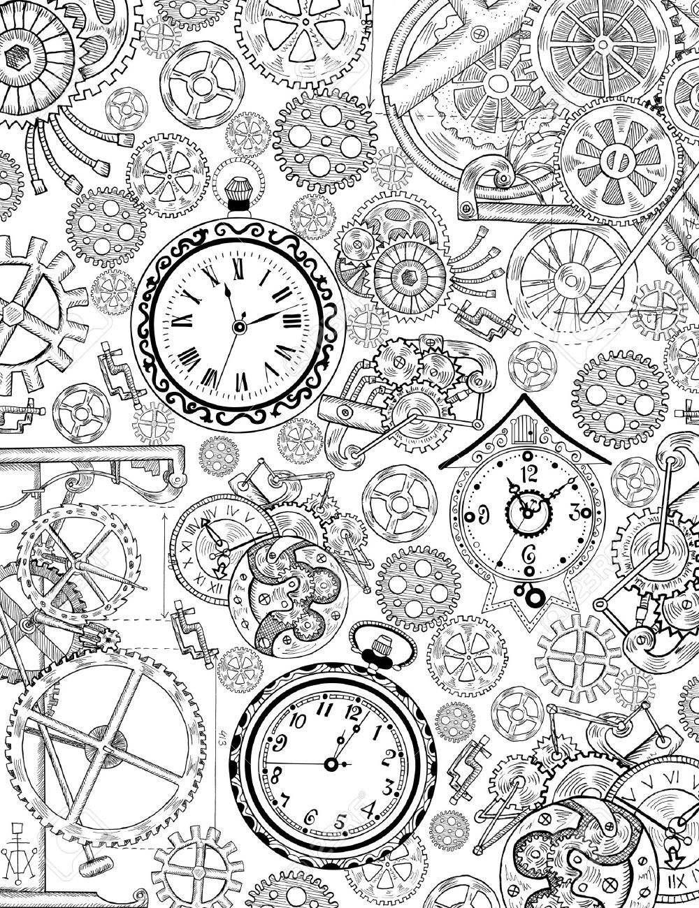 Coloring book page with mechanical details cogs gears and old clocks black and white background with graphic linear engraved drawings vintage illustration with retro watch steampunk style stock photo picture and royalty