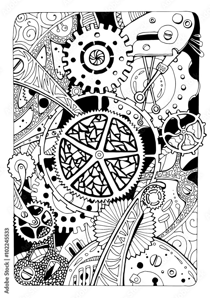 Coloring page with mechanical elements and gears illustration