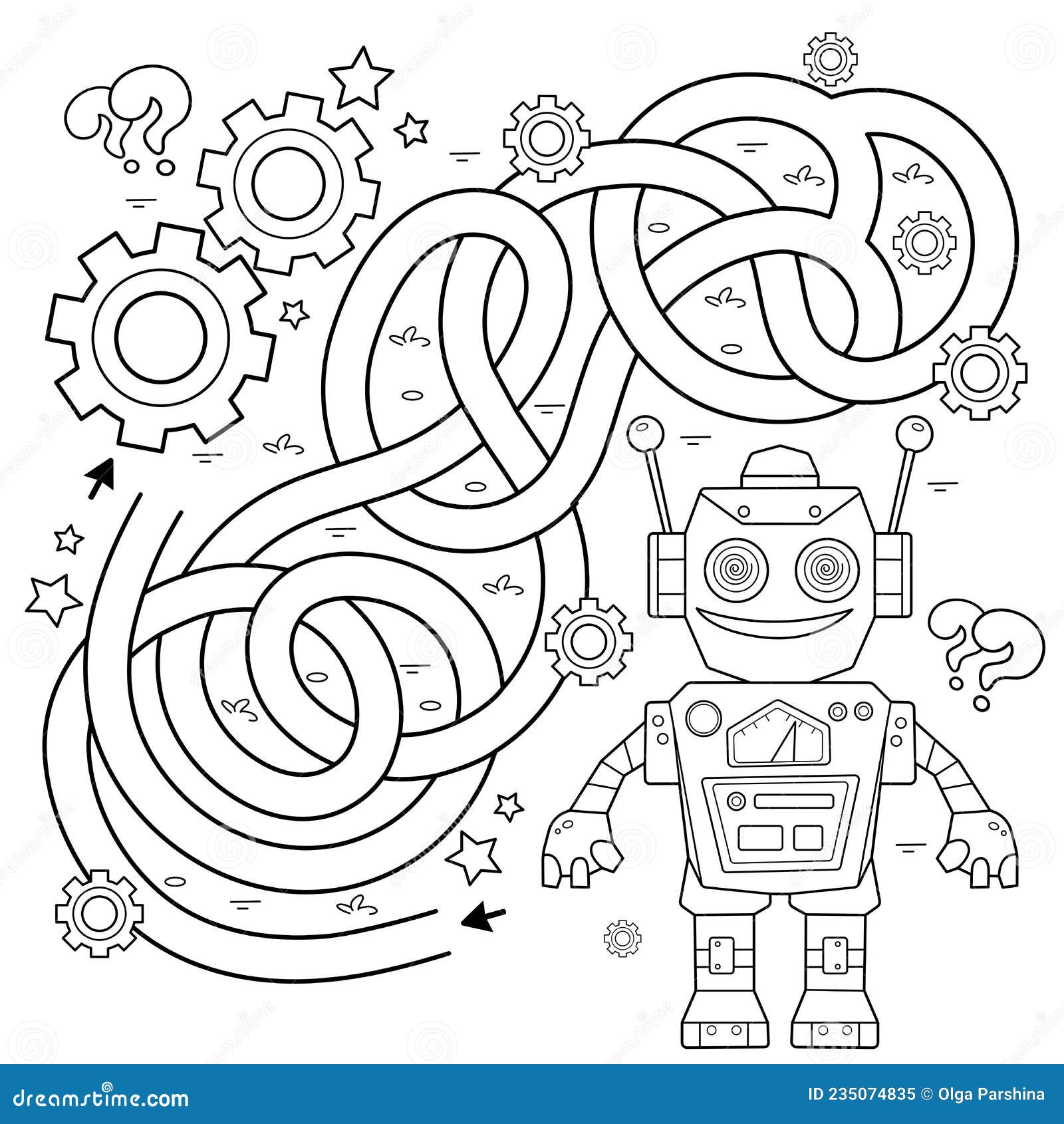 Maze or labyrinth game puzzle tangled road coloring page outline of cartoon robot with gears stock vector