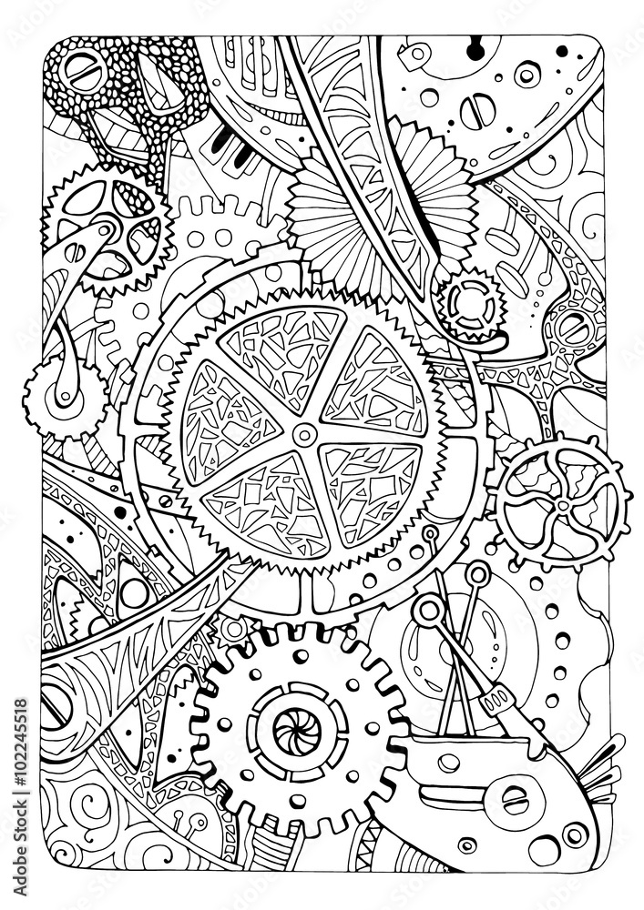 Coloring page with mechanical elements and gears illustration