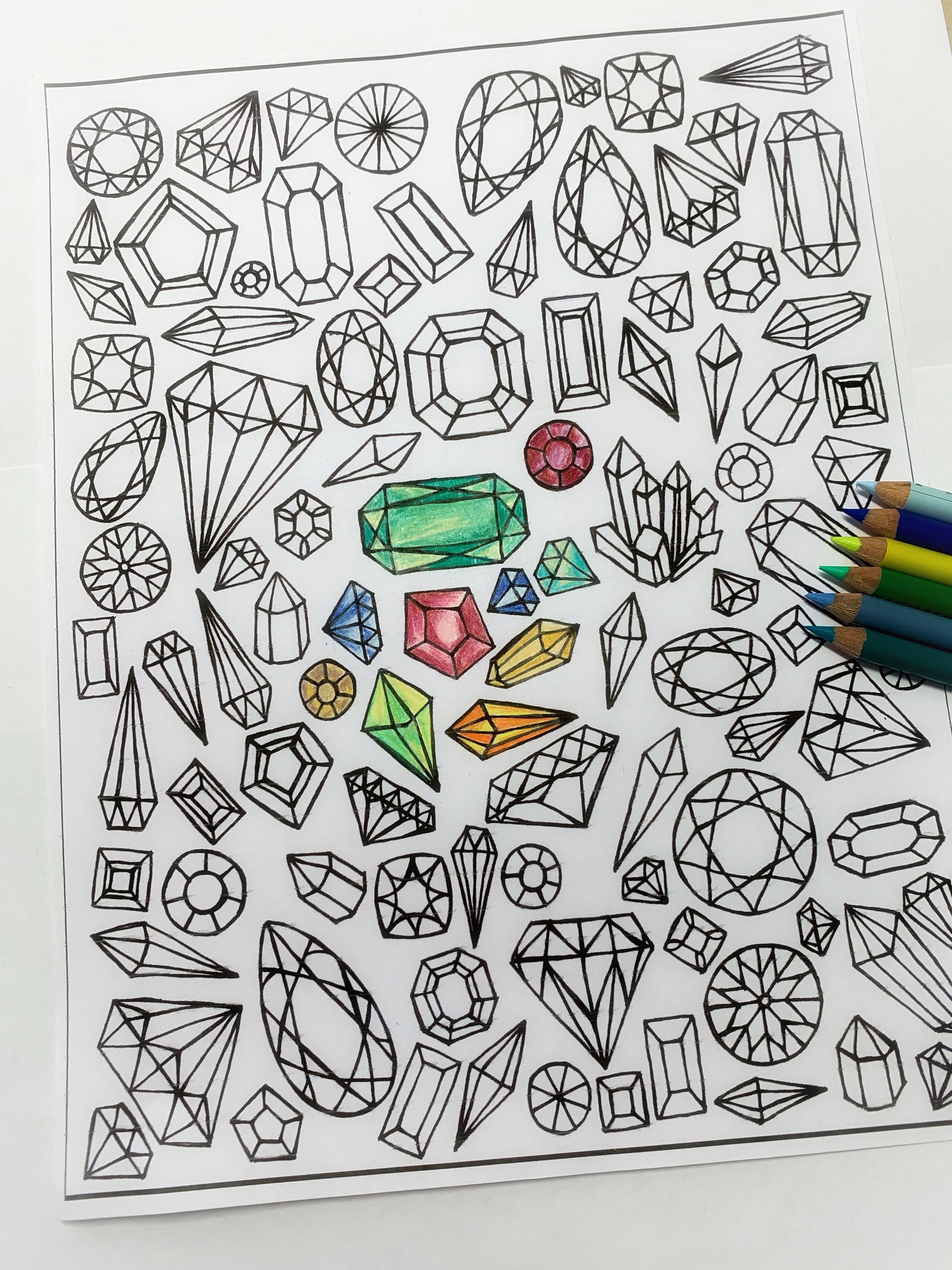 Gemstones printable coloring page crystals and gemstones line art design digital download adult coloring handdrawn crystal coloring page