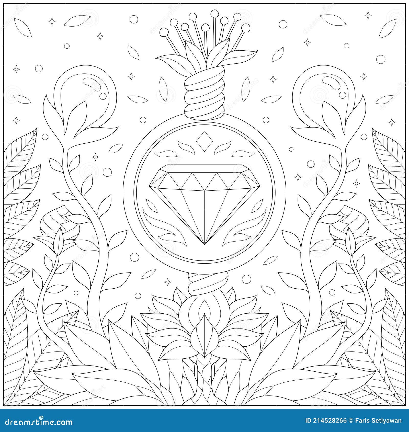 Fantasy emerald gemstone and bubble plant learning and education coloring page illustration for adults and children outline styl stock vector