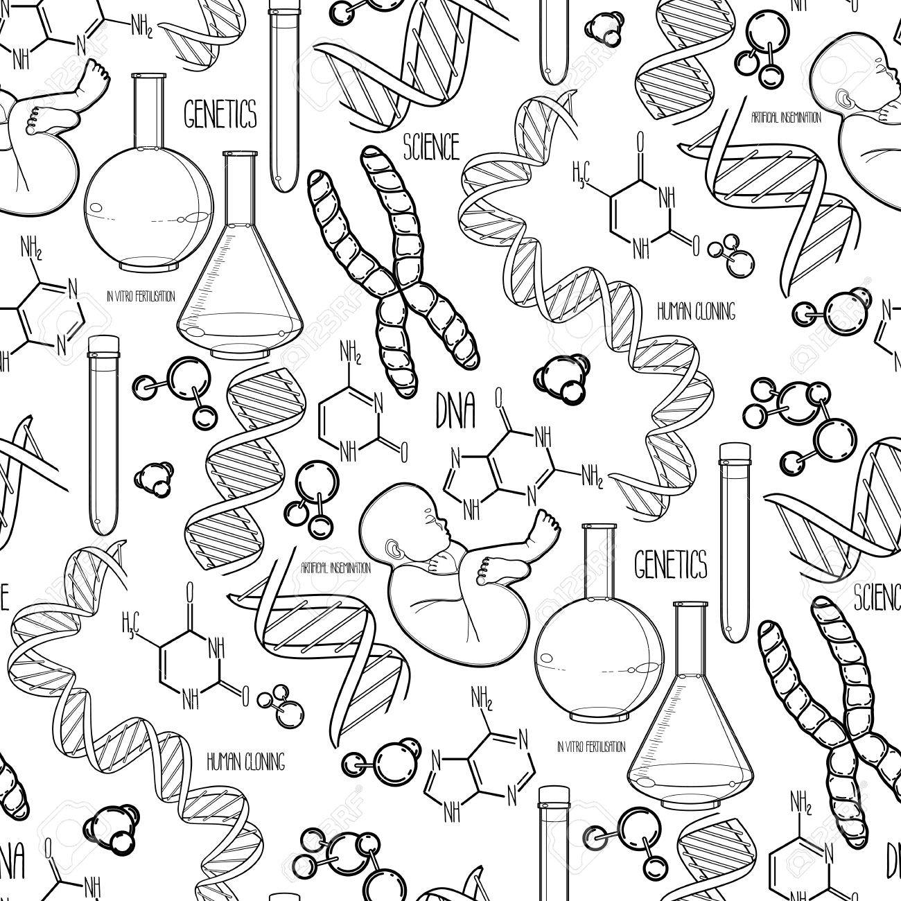 Graphic genetic research set vector medical and science seamless pattern coloring book page design for adults and kids royalty free svg cliparts vectors and stock illustration image