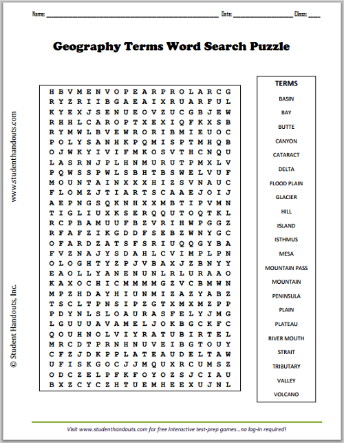 Geography terms word search puzzle