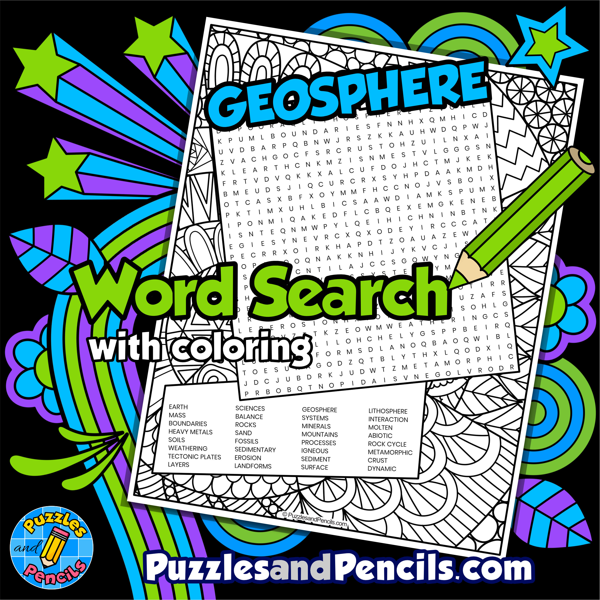 Geosphere word search puzzle with coloring earth sciences wordsearch made by teachers