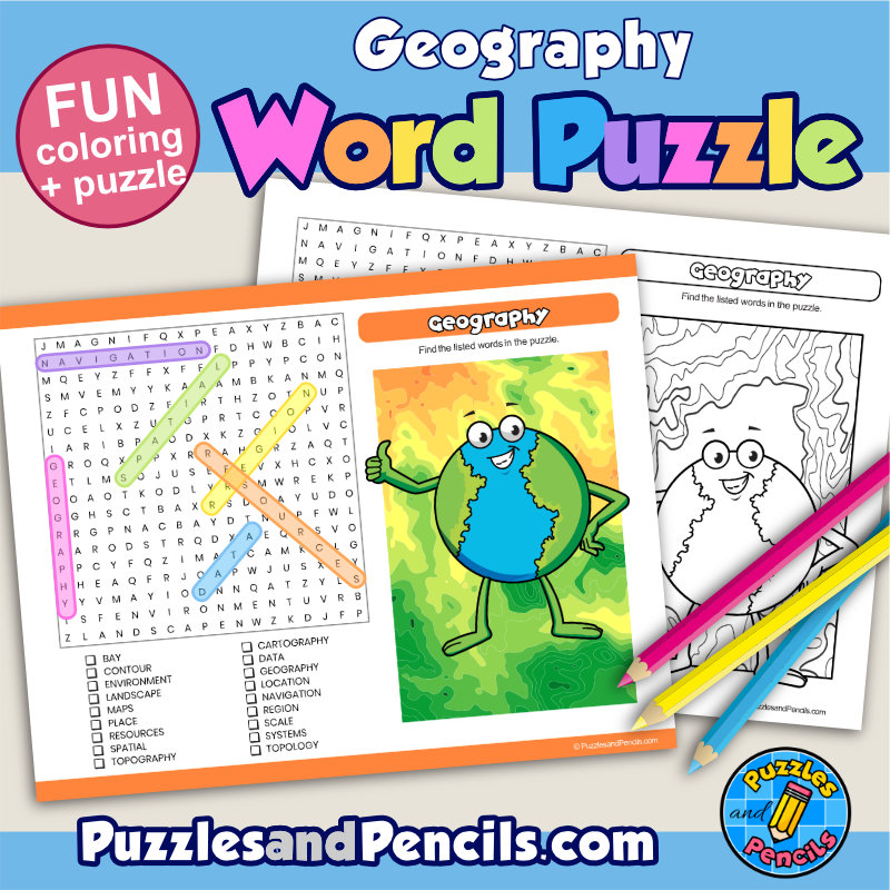 Geography word search puzzle activity page with coloring made by teachers