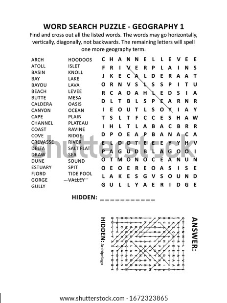 Geography terms landforms word search puzzle stock illustration