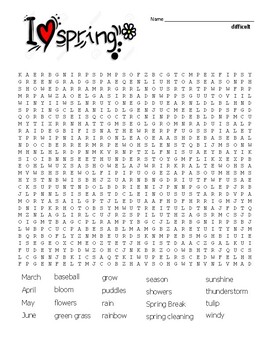 Difficult spring terms word search and coloring page