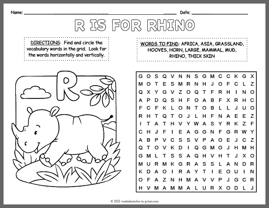 Rhino word search coloring page